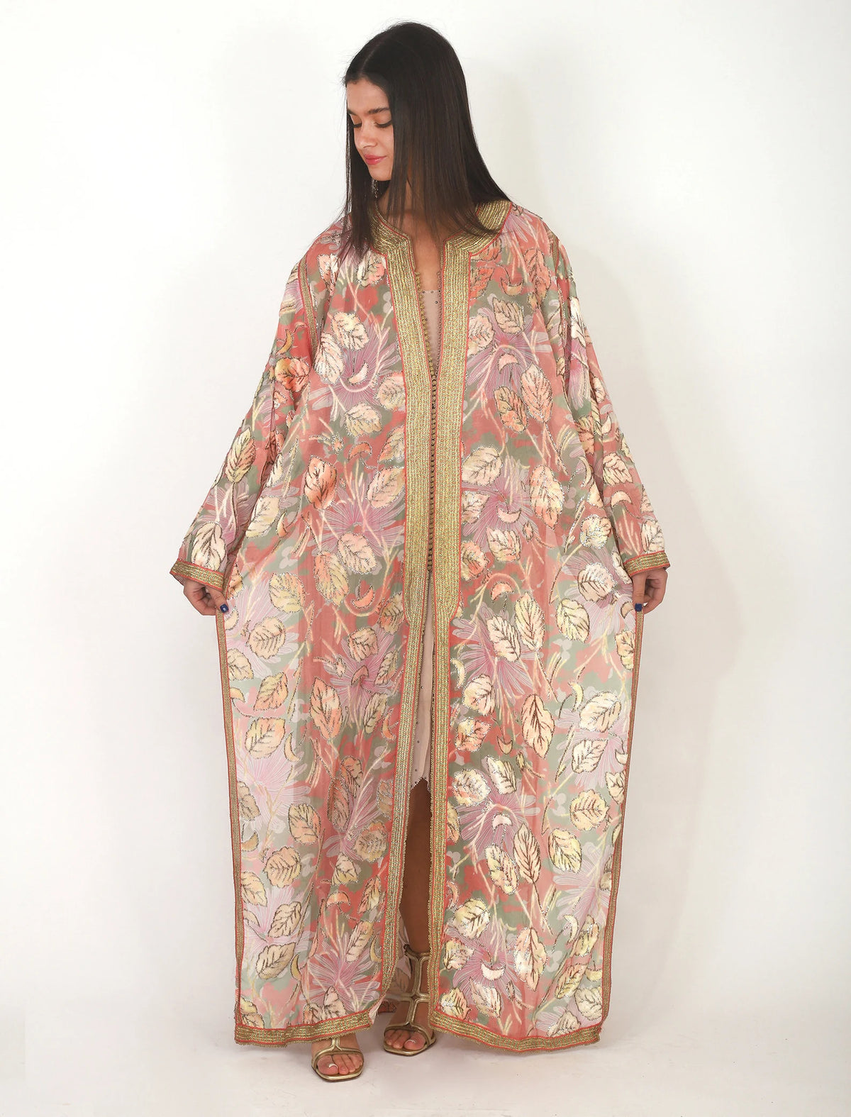 40s Peach and Gold Metallic Chiffon Caftan