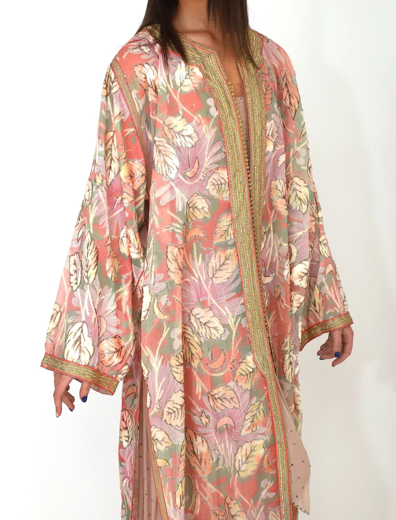 40s Peach and Gold Metallic Chiffon Caftan