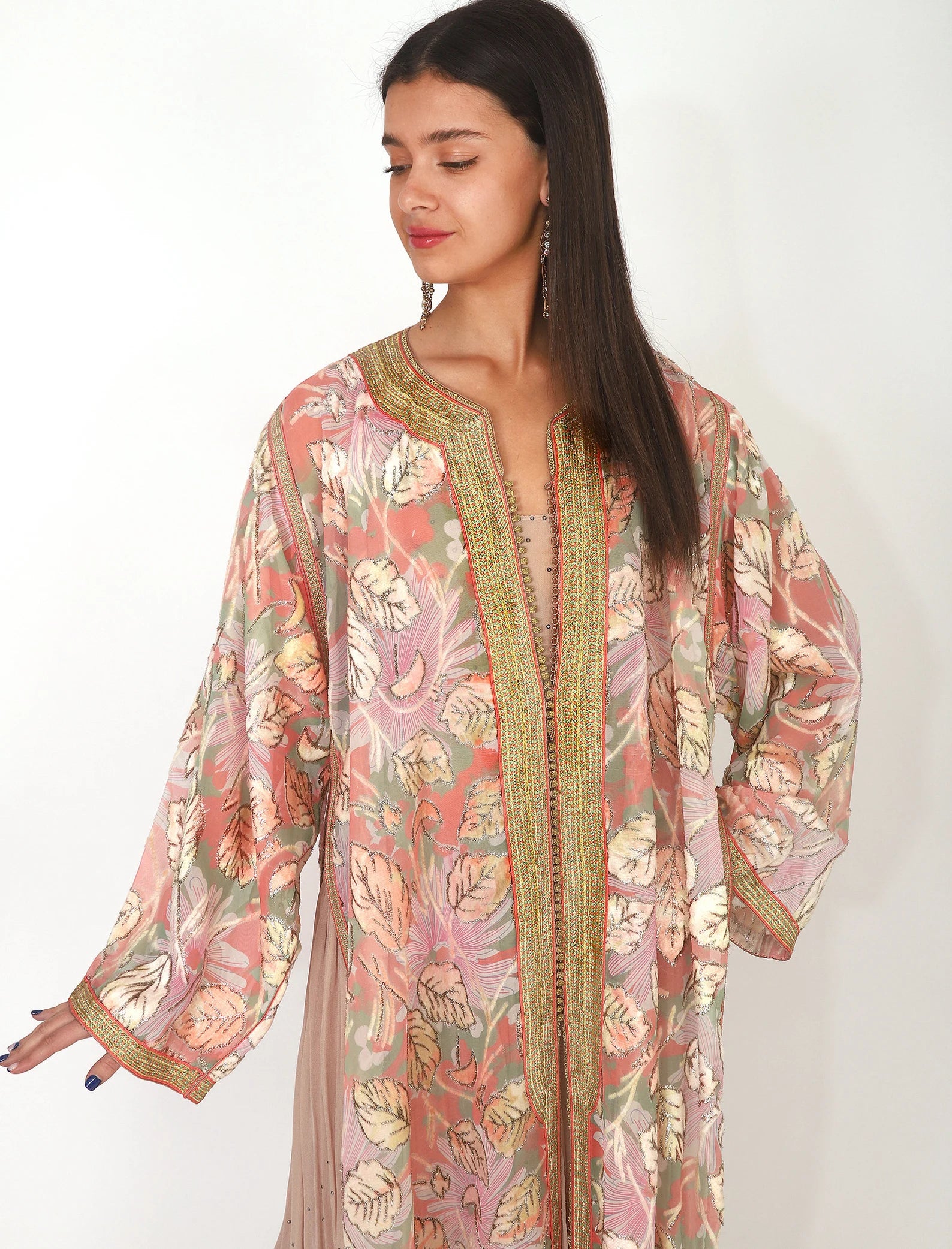 40s Peach and Gold Metallic Chiffon Caftan