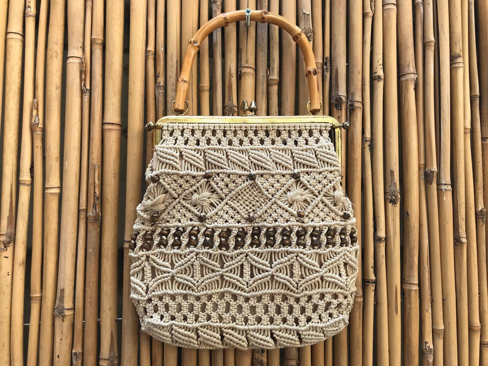 70s Macrame Beaded Handbag with Bamboo Handle