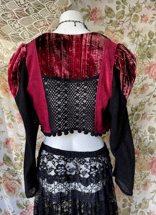 70s Steampunk Velvet Cropped Jacket Crochet Back