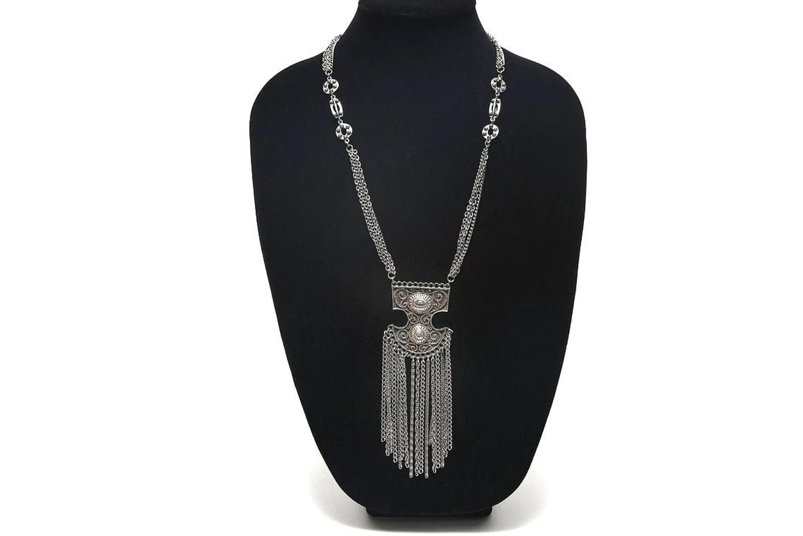 80s Long Silver Tone Fringe Pendant Necklace