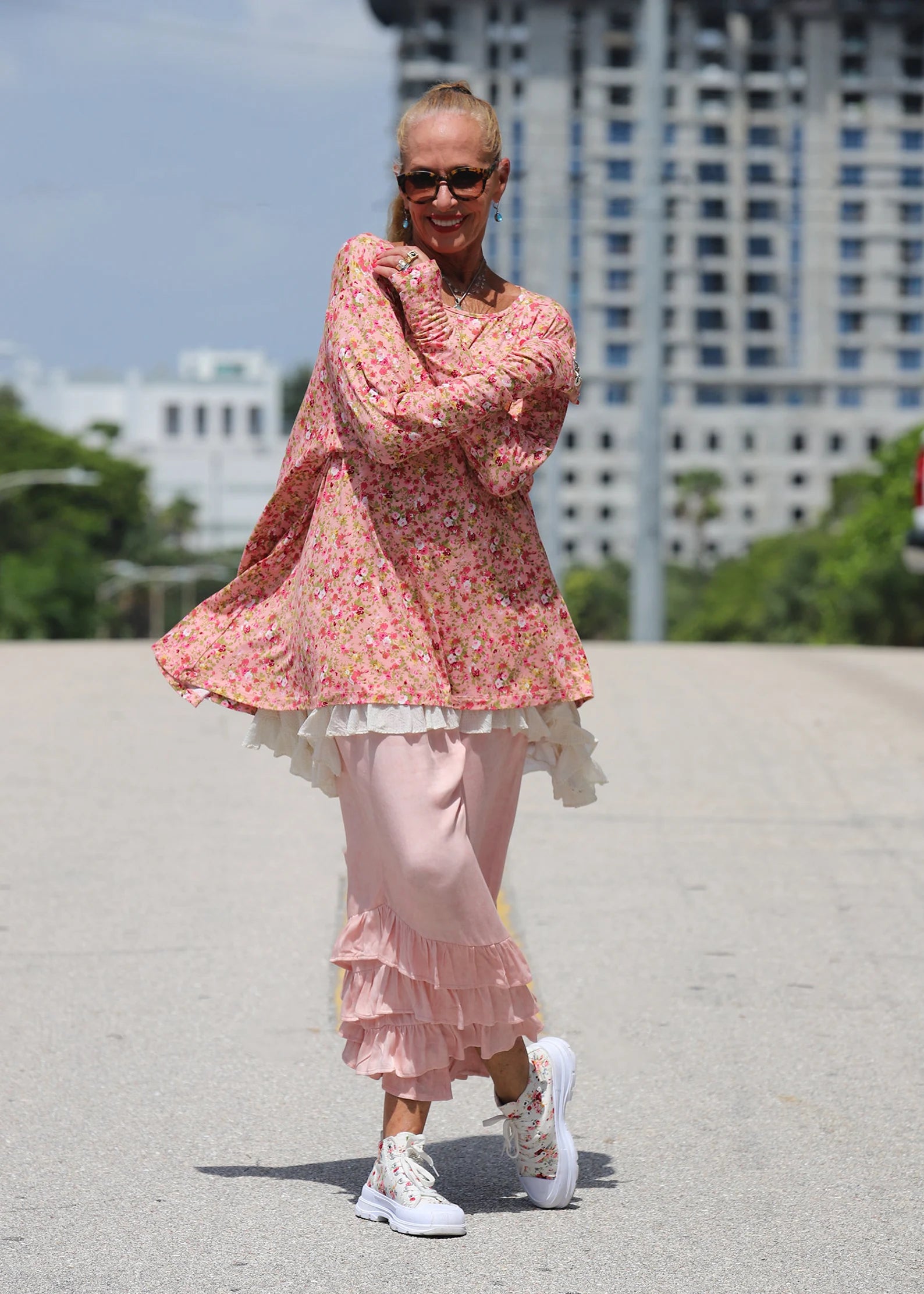 Pink Floral Flare Thumbhole Top