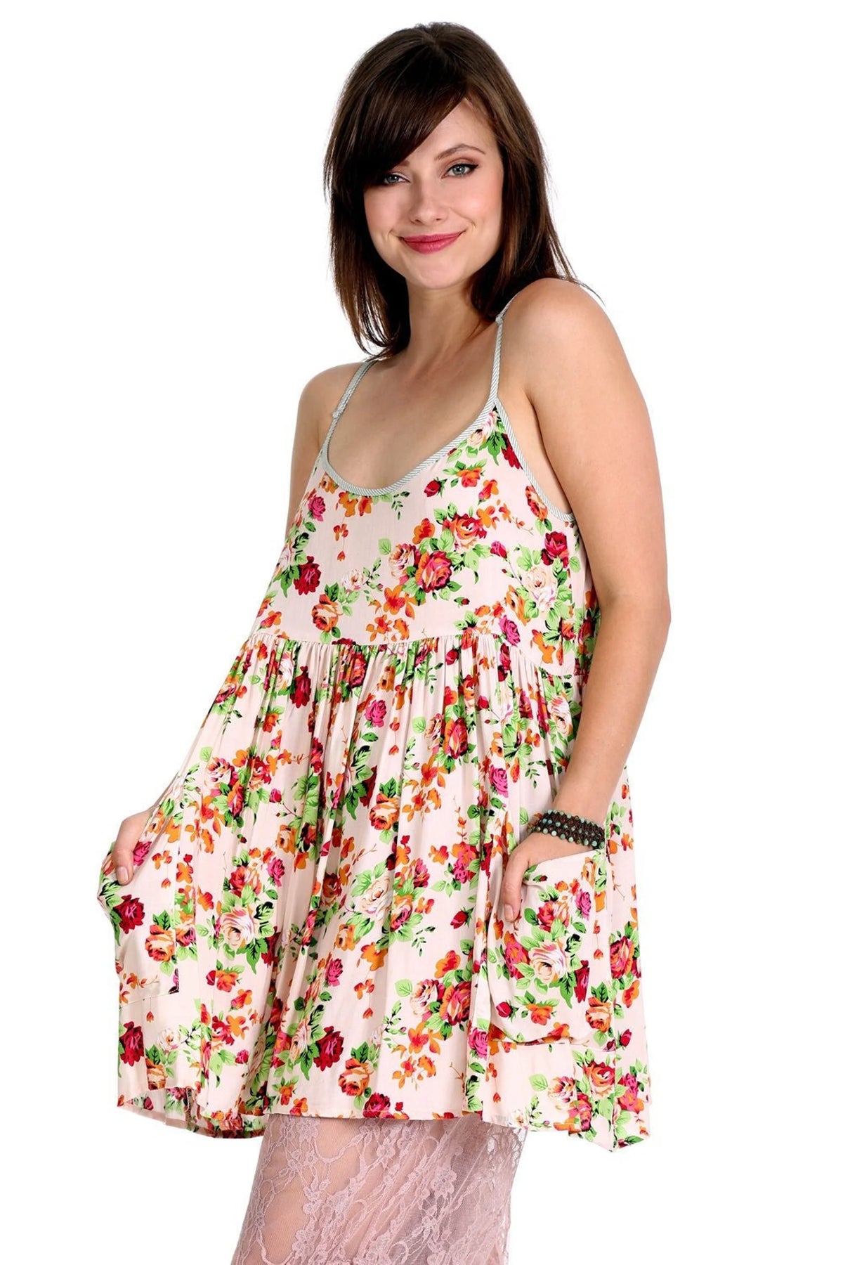 Pink Floral Babydoll Slip Dress with Pockets and Adjustable Straps