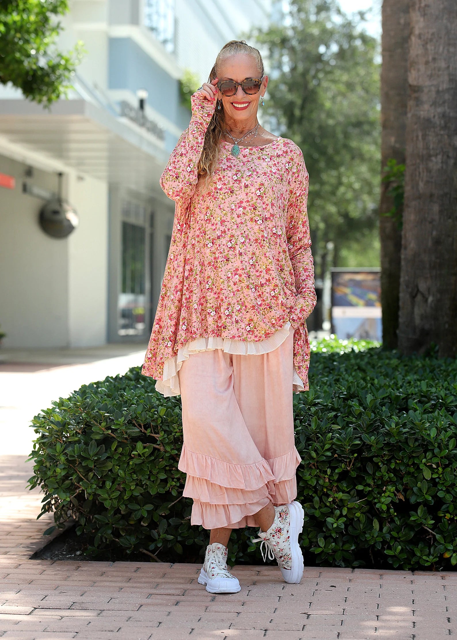 Pink Floral Flare Thumbhole Top