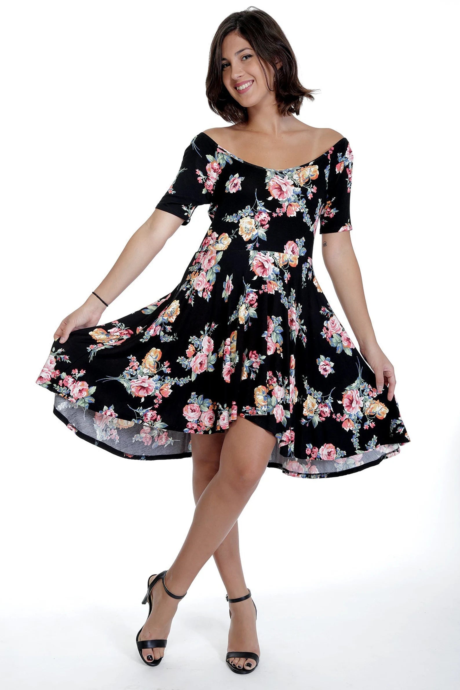 Black and Pink Floral Flare Fit and Flare Dress with Pockets