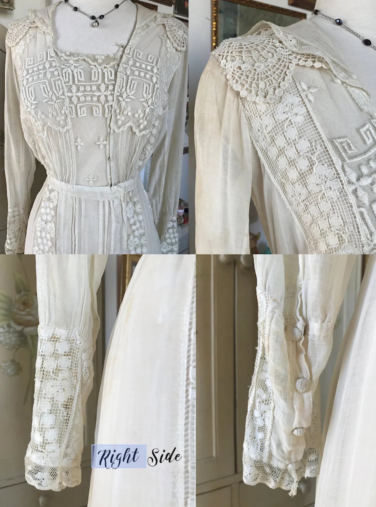 Antique Edwardian Netted Lace Embroidered Dress