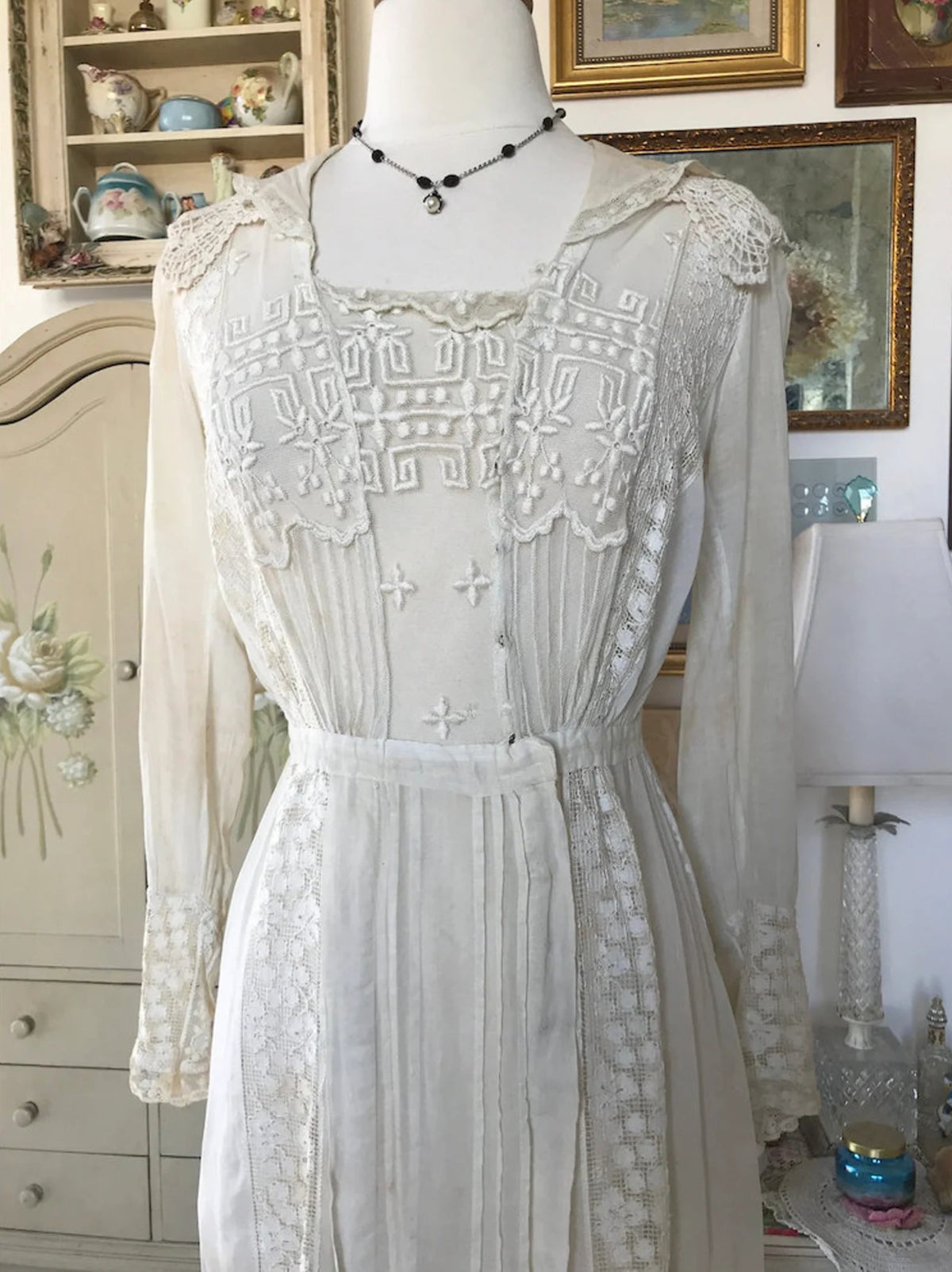 Antique Edwardian Netted Lace Embroidered Dress