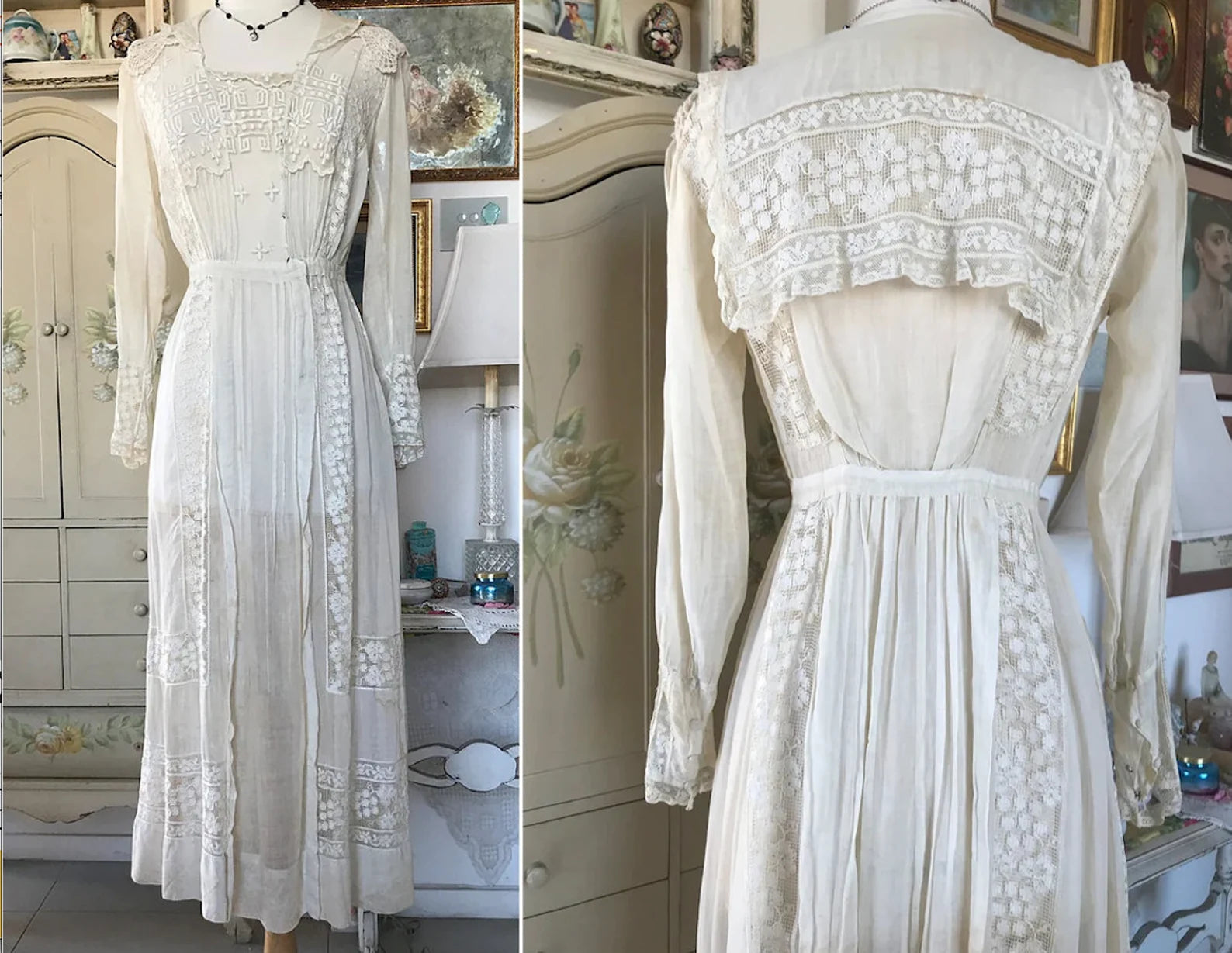 Antique Edwardian Netted Lace Embroidered Dress