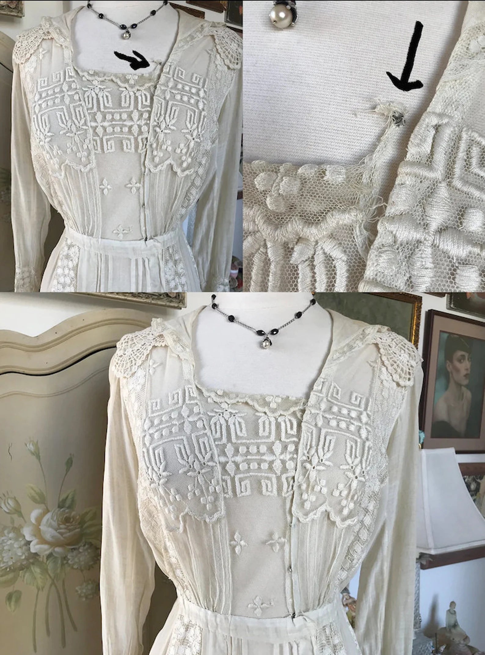 Antique Edwardian Netted Lace Embroidered Dress