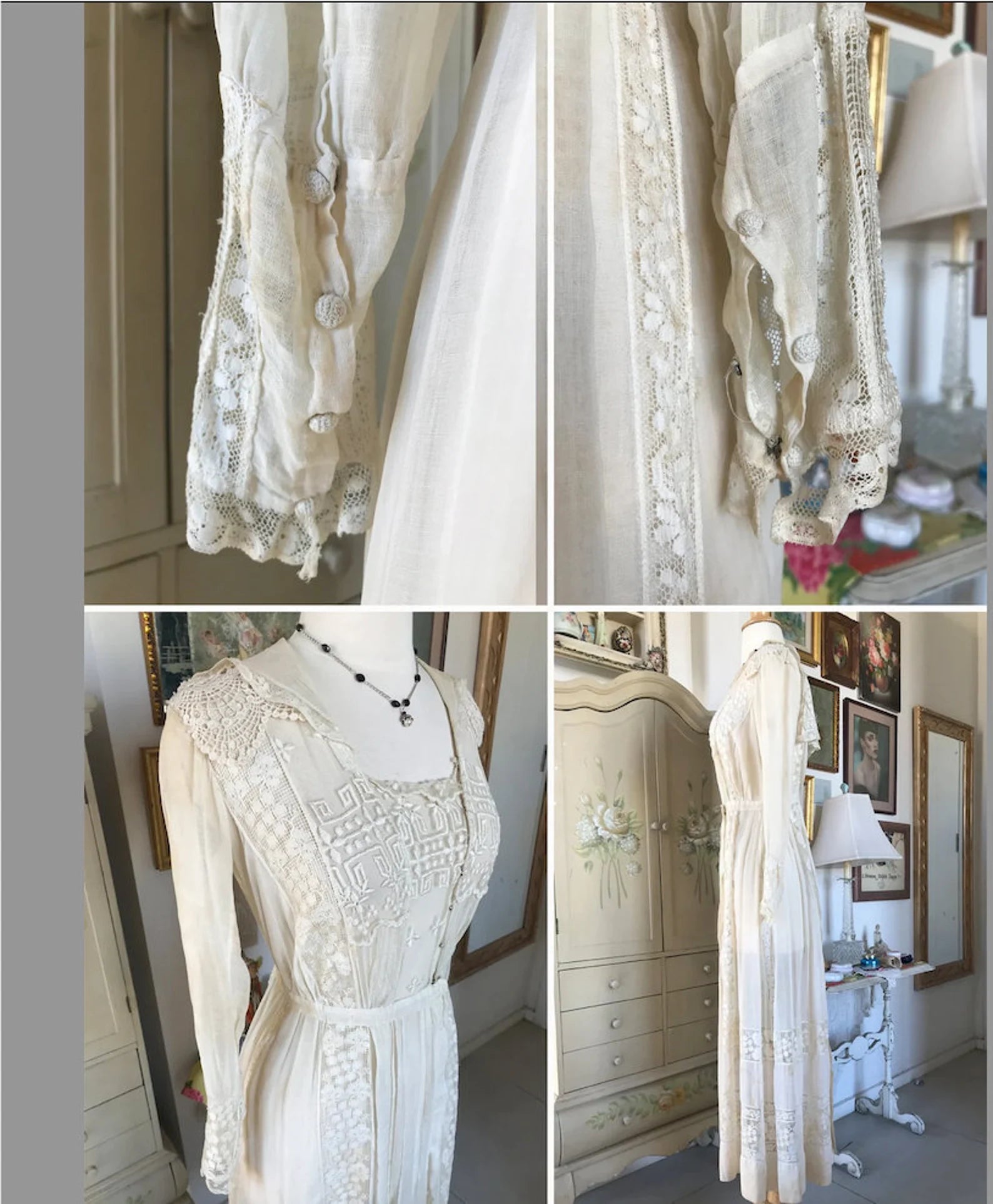 Antique Edwardian Netted Lace Embroidered Dress