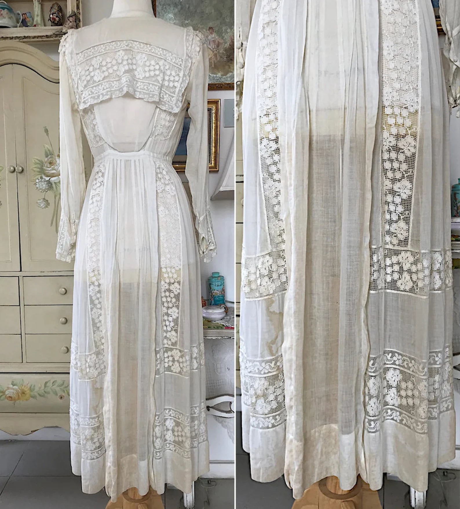 Antique Edwardian Netted Lace Embroidered Dress