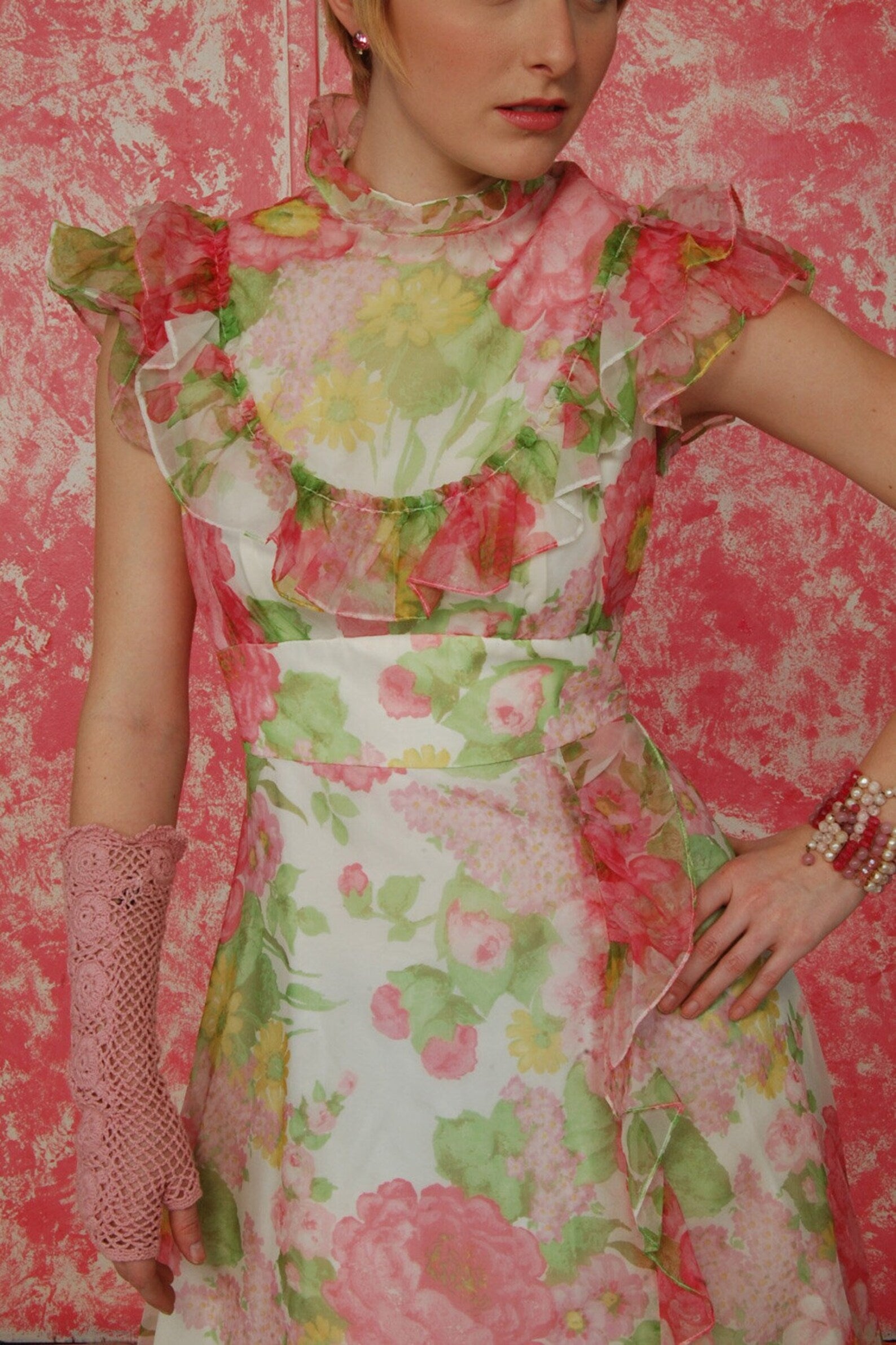 50s Pink Floral Empire Waist Ruffled Maxi Dress