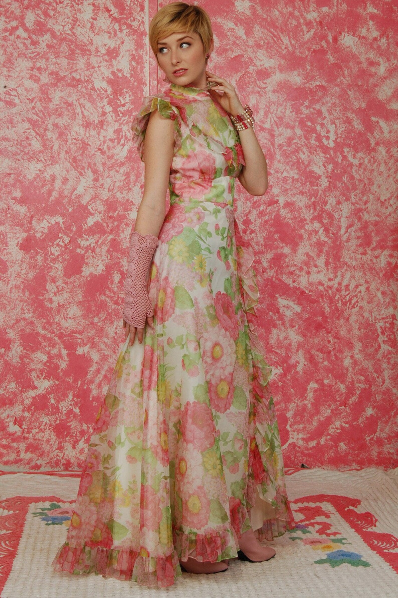 50s Pink Floral Empire Waist Ruffled Maxi Dress