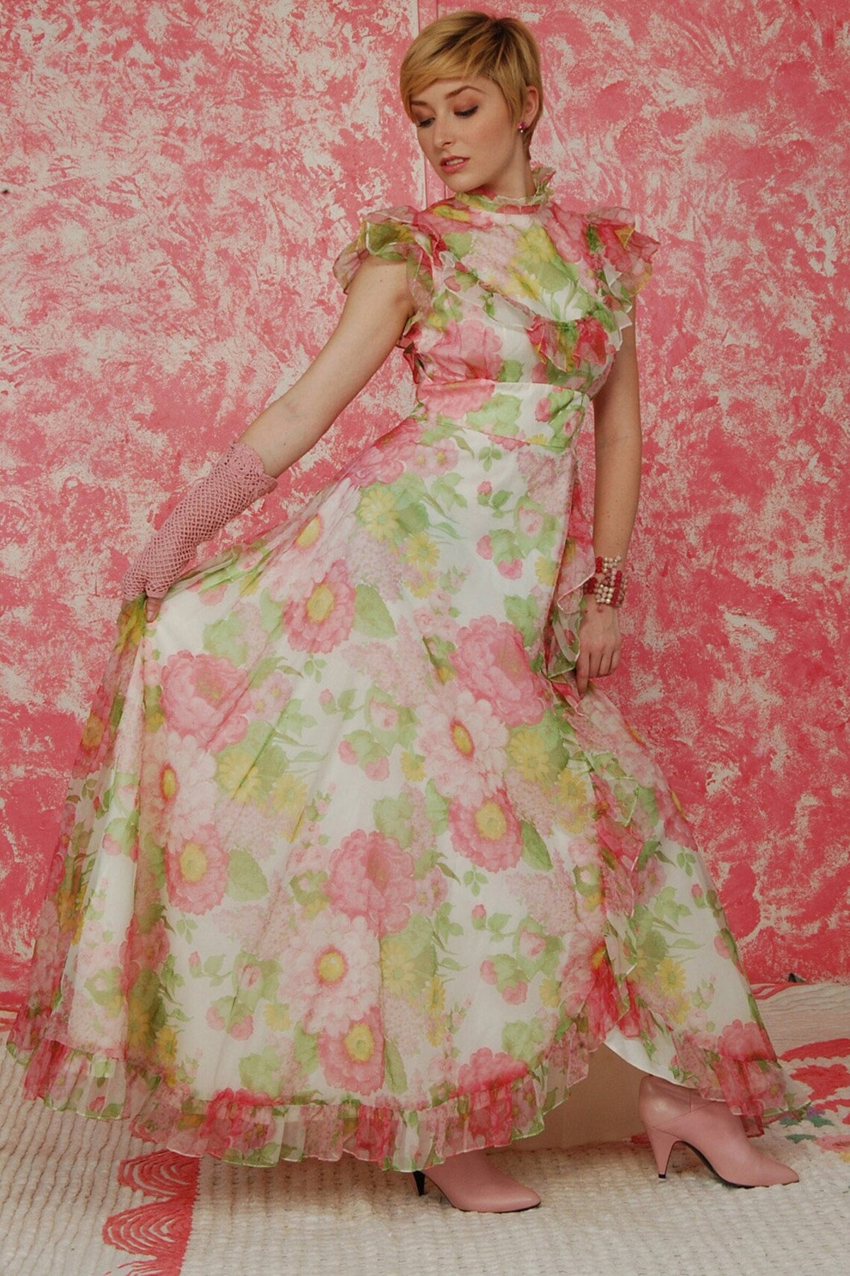 50s Pink Floral Empire Waist Ruffled Maxi Dress