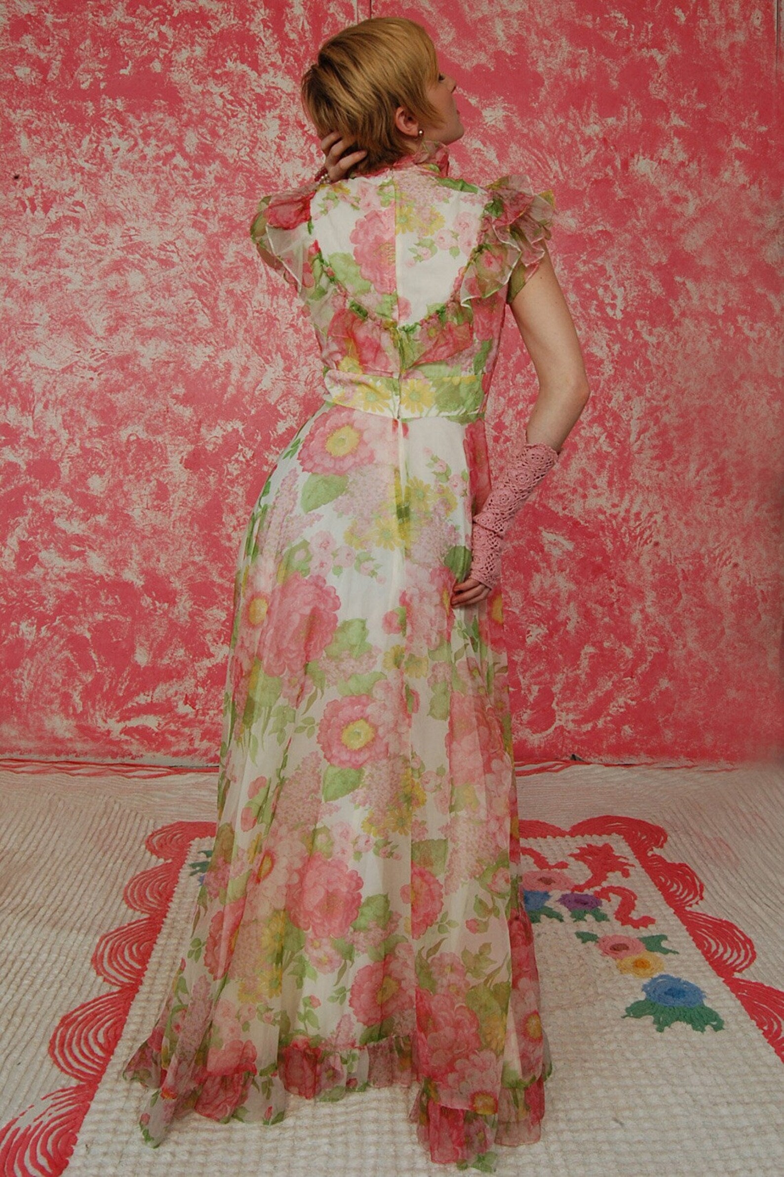 50s Pink Floral Empire Waist Ruffled Maxi Dress