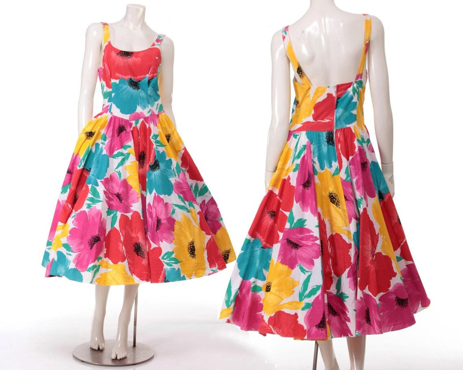 80s Bold Floral Fit and Flare Dress with Pockets