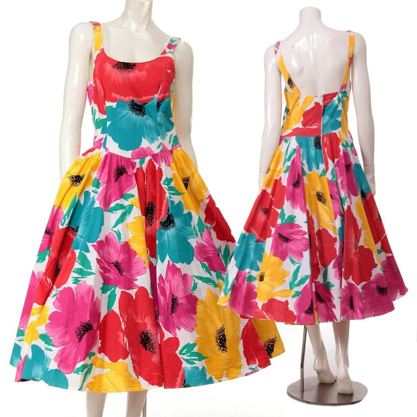 80s Bold Floral Fit and Flare Dress with Pockets