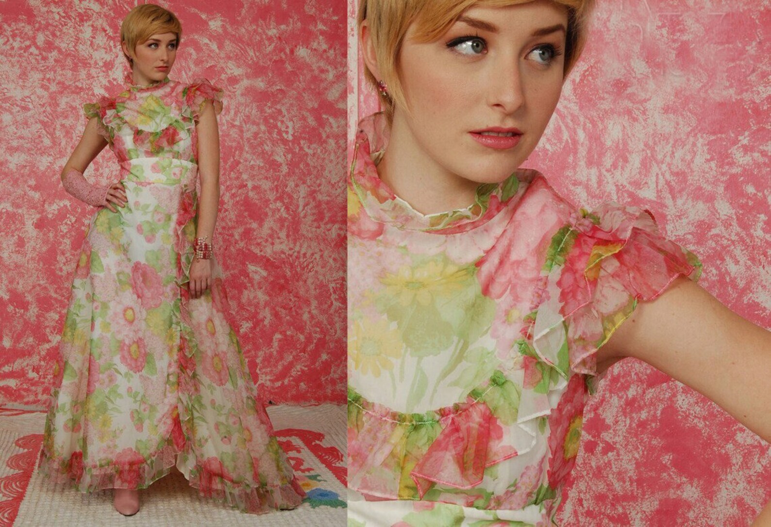 50s Pink Floral Empire Waist Ruffled Maxi Dress