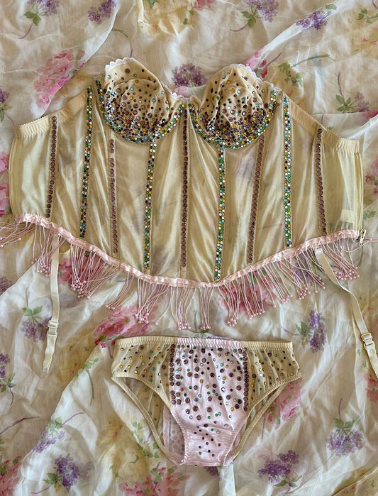 70s Heavily Rhinestoned Fringed Corset Top and Panties