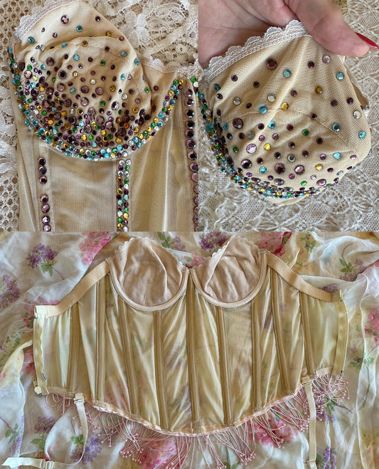 70s Heavily Rhinestoned Fringed Corset Top and Panties