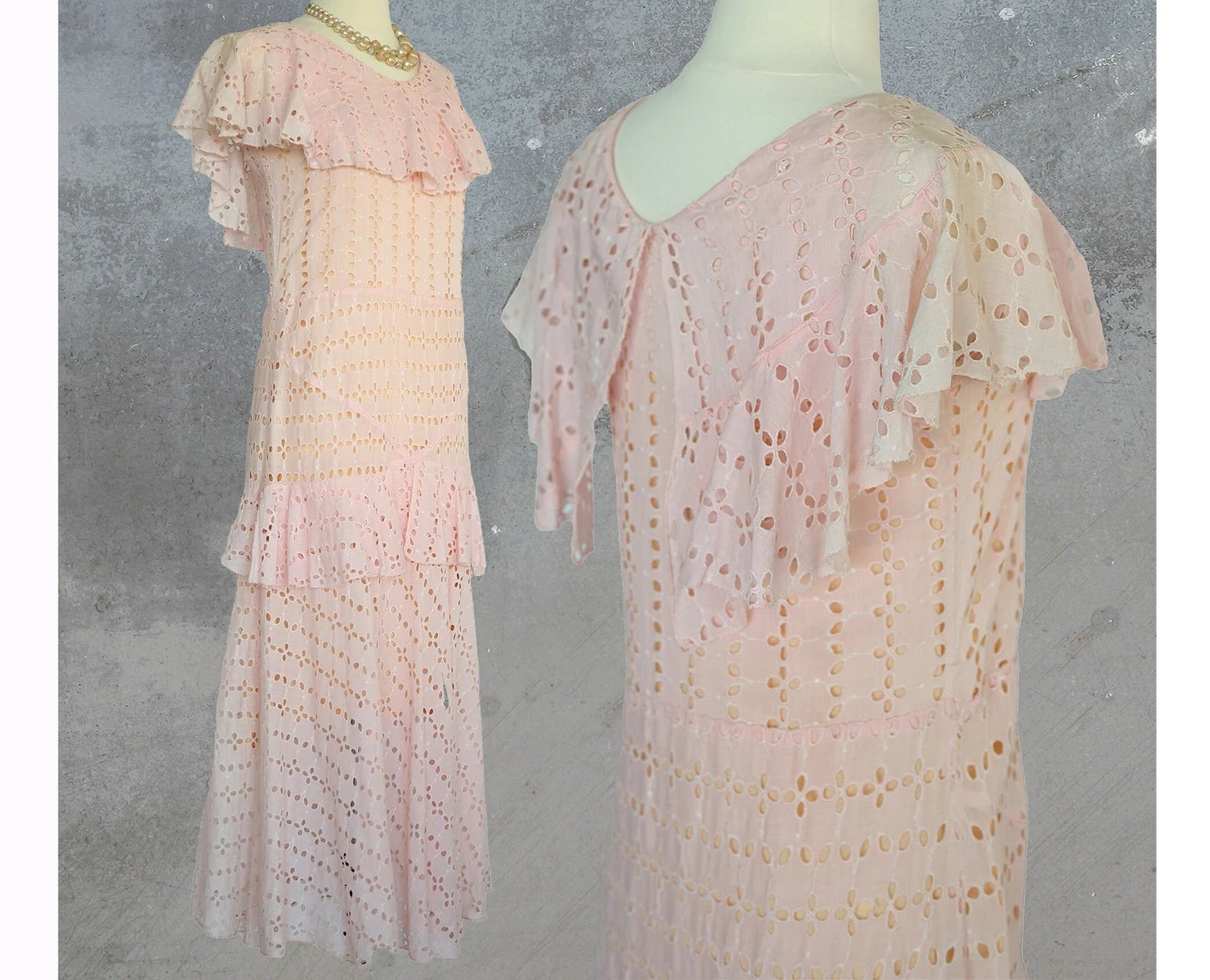 1930s Pink Eyelet Flapper Tea Dress