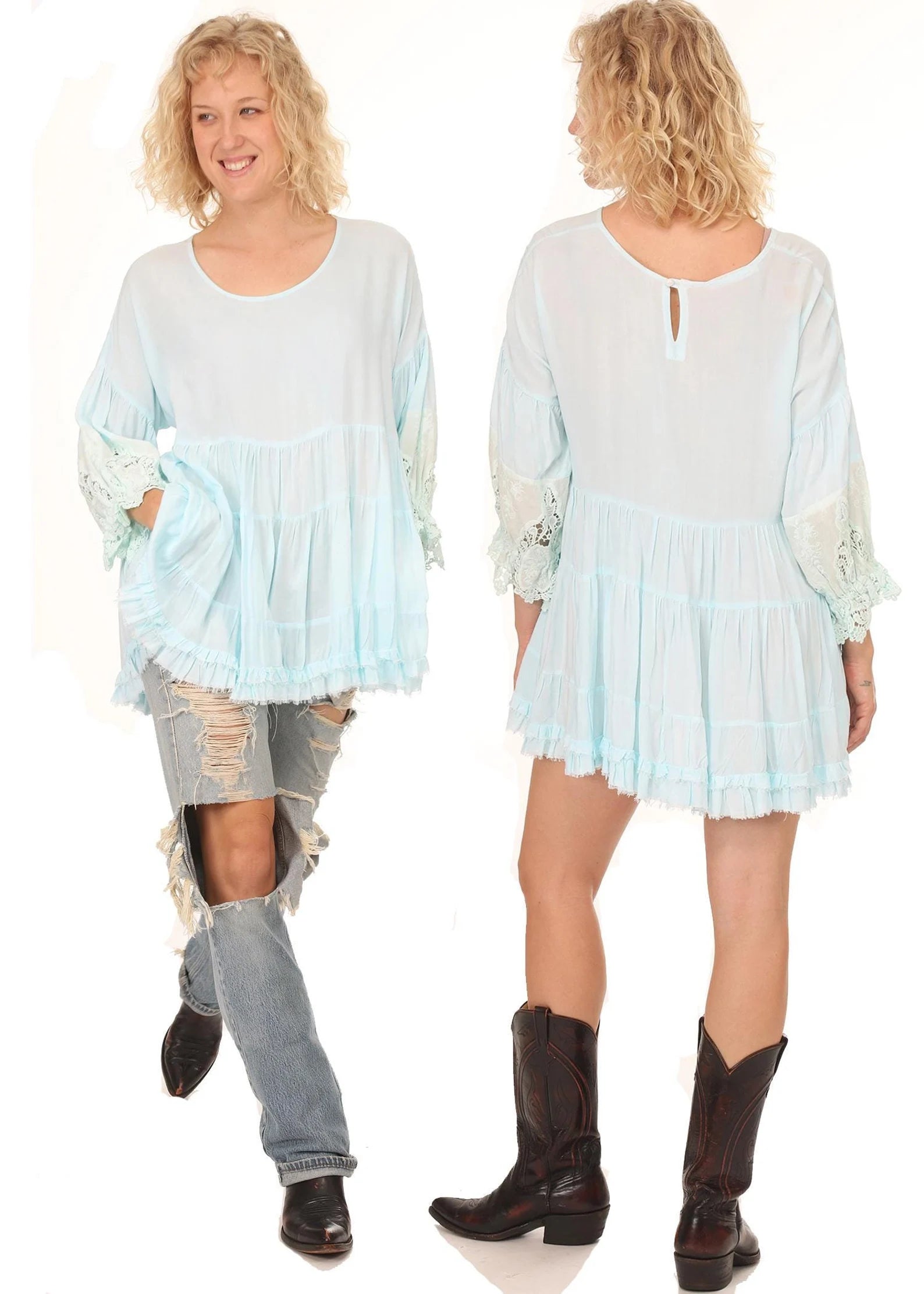 TURQUOISE Shoshi Poet Sleeve Top