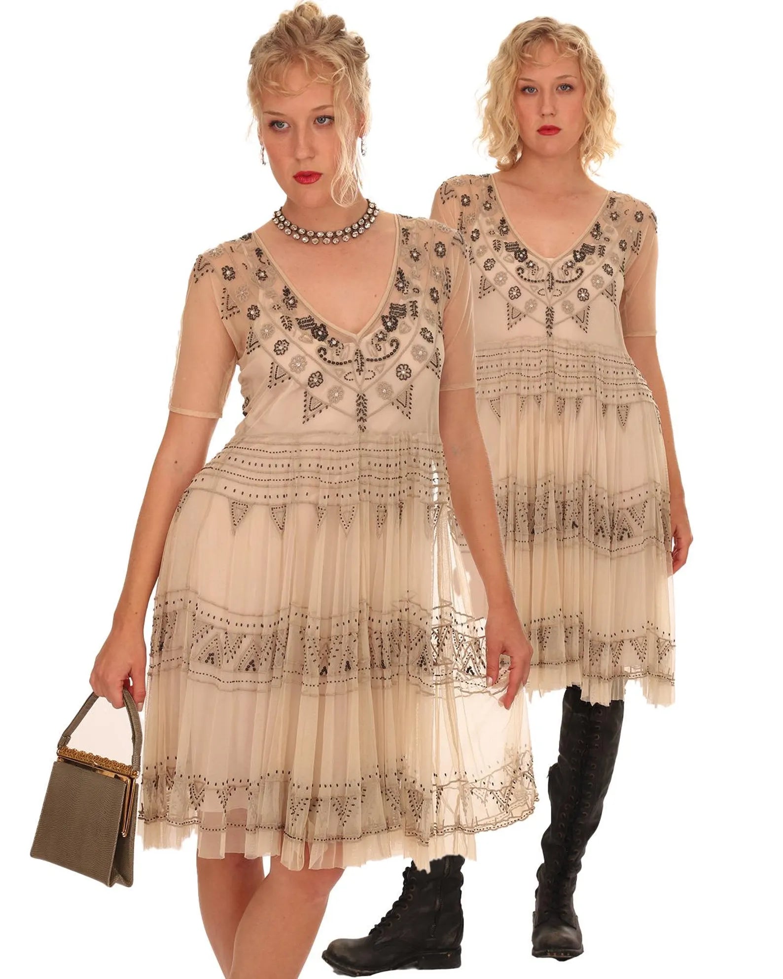 Biya Sheer Nude Netted Heavily Beaded and Embroidered Fit and Flare Boho-Chic Dress