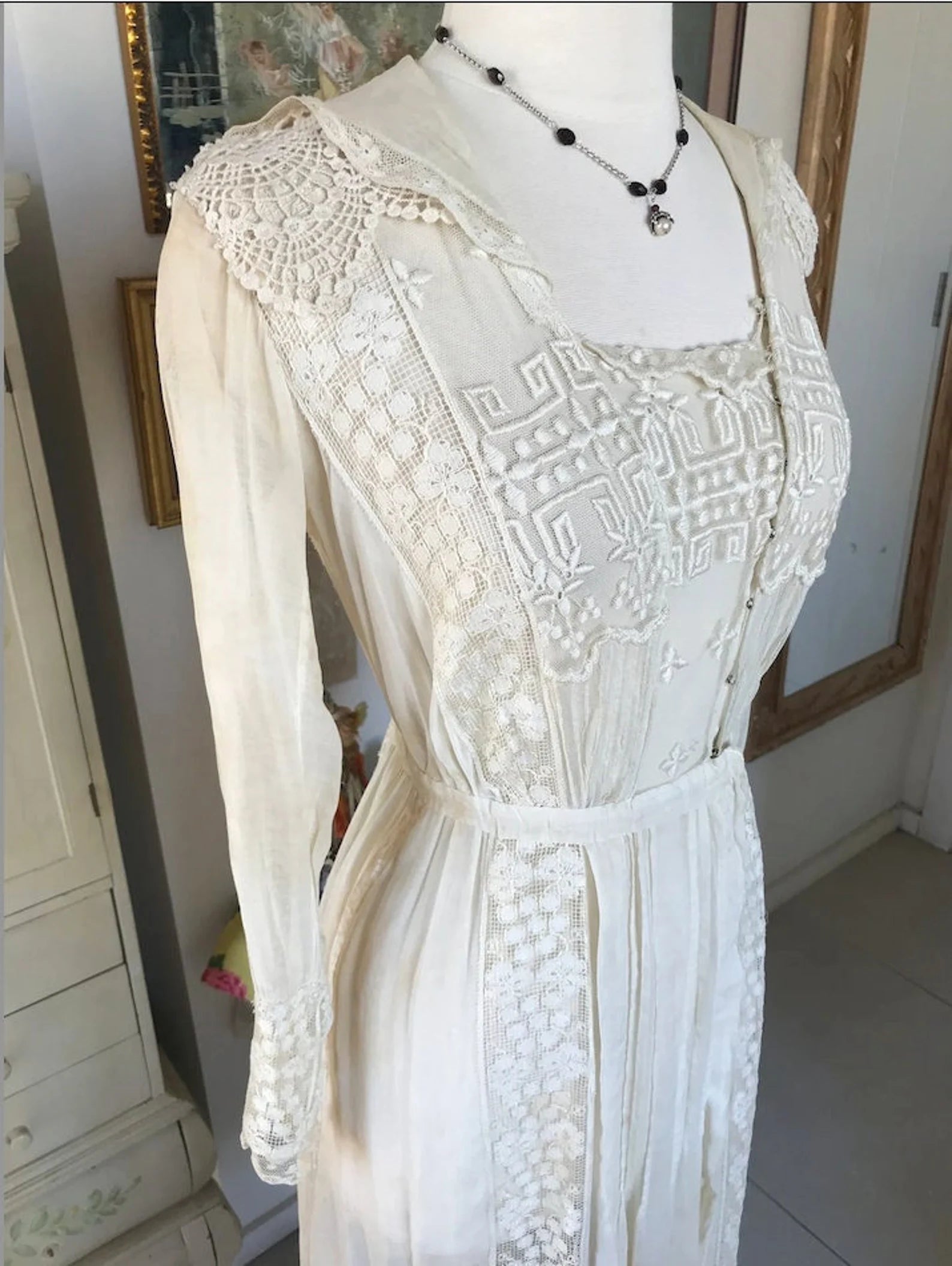 Antique Edwardian Netted Lace Embroidered Dress