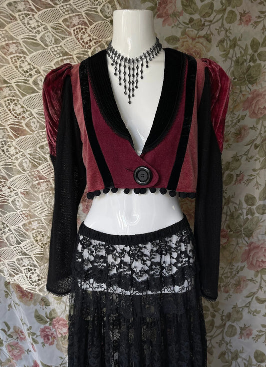 70s Steampunk Velvet Cropped Jacket Crochet Back