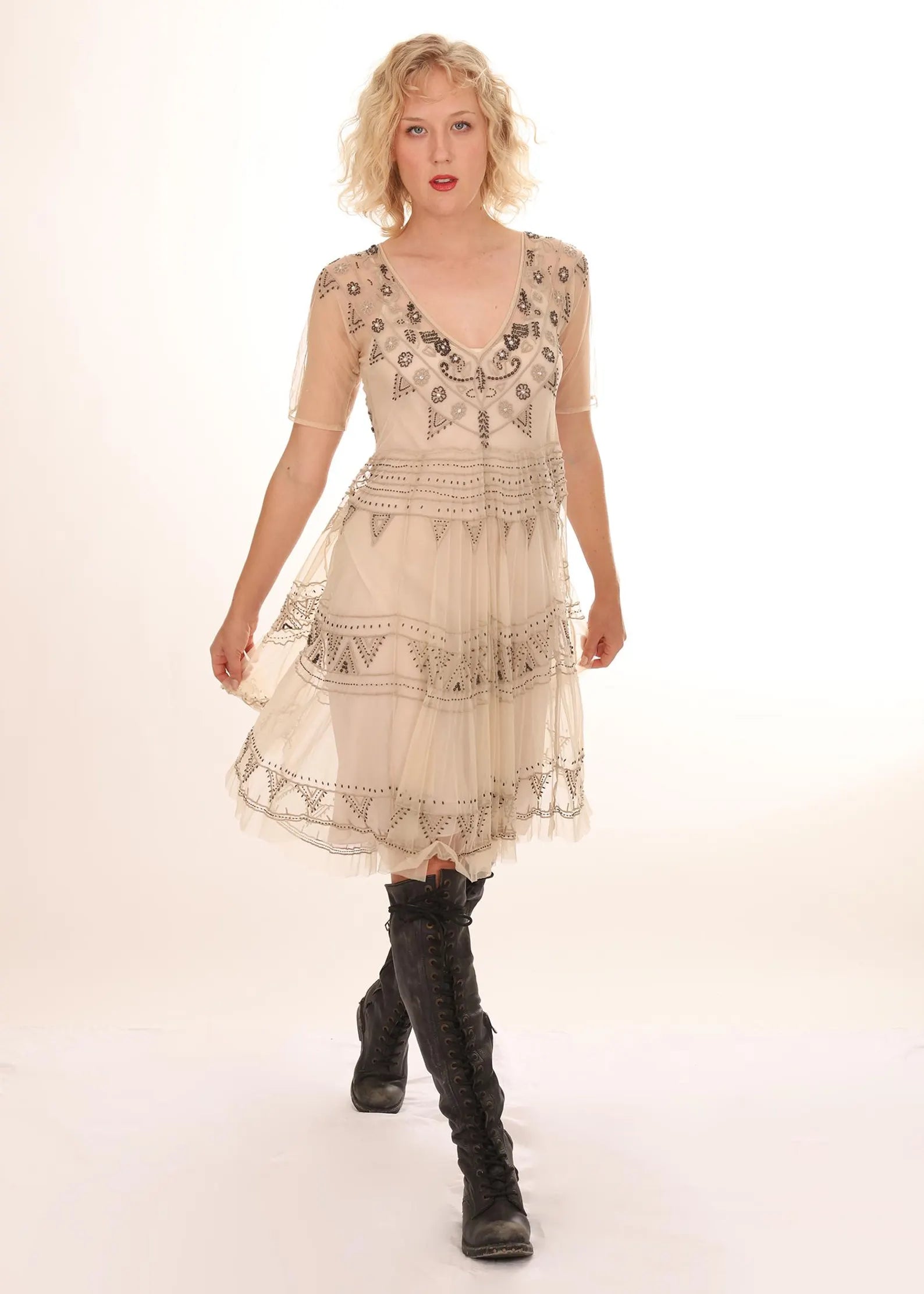 Biya Sheer Nude Netted Heavily Beaded and Embroidered Fit and Flare Boho-Chic Dress