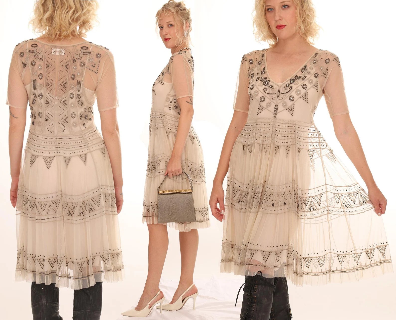 Biya Sheer Nude Netted Heavily Beaded and Embroidered Fit and Flare Boho-Chic Dress