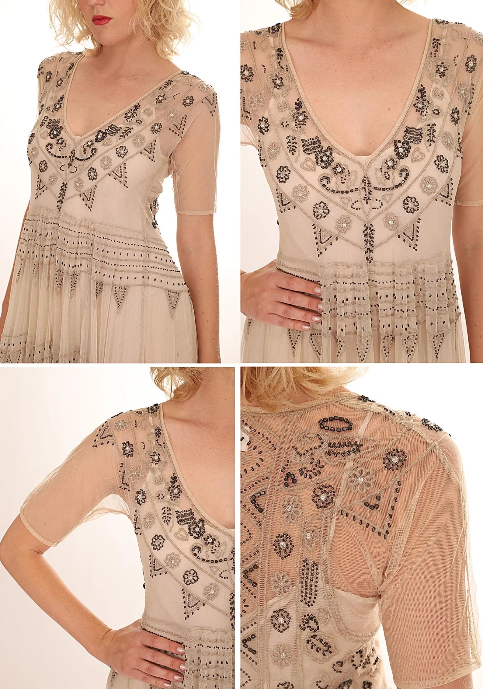 Biya Sheer Nude Netted Heavily Beaded and Embroidered Fit and Flare Boho-Chic Dress