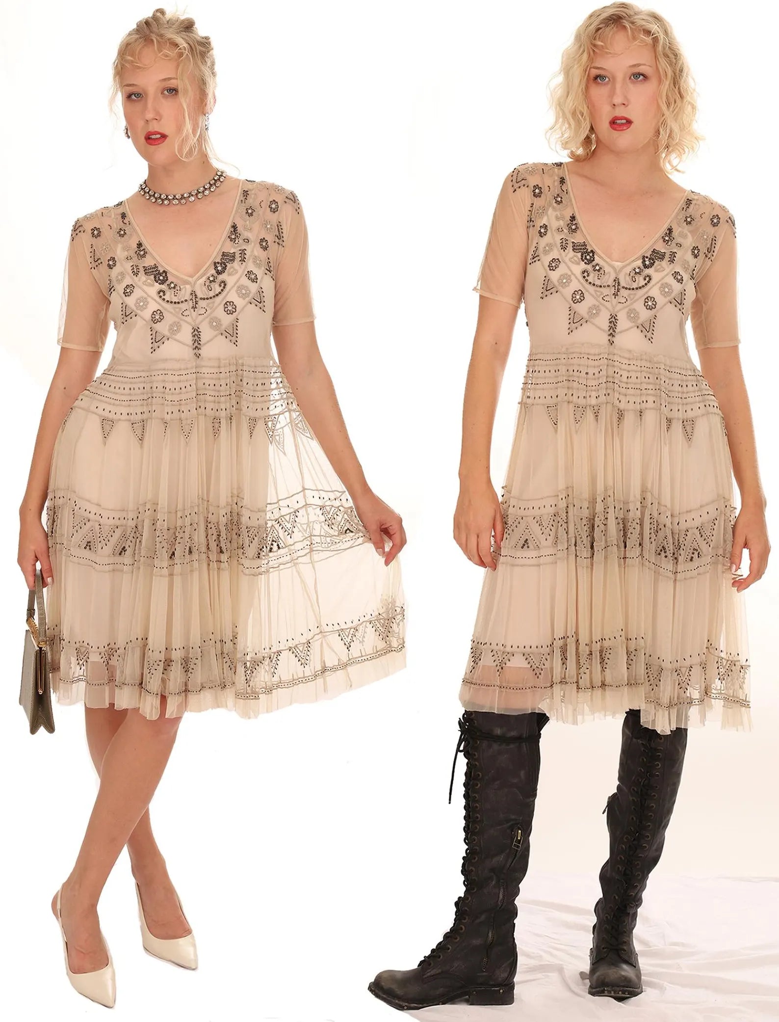 Biya Sheer Nude Netted Heavily Beaded and Embroidered Fit and Flare Boho-Chic Dress