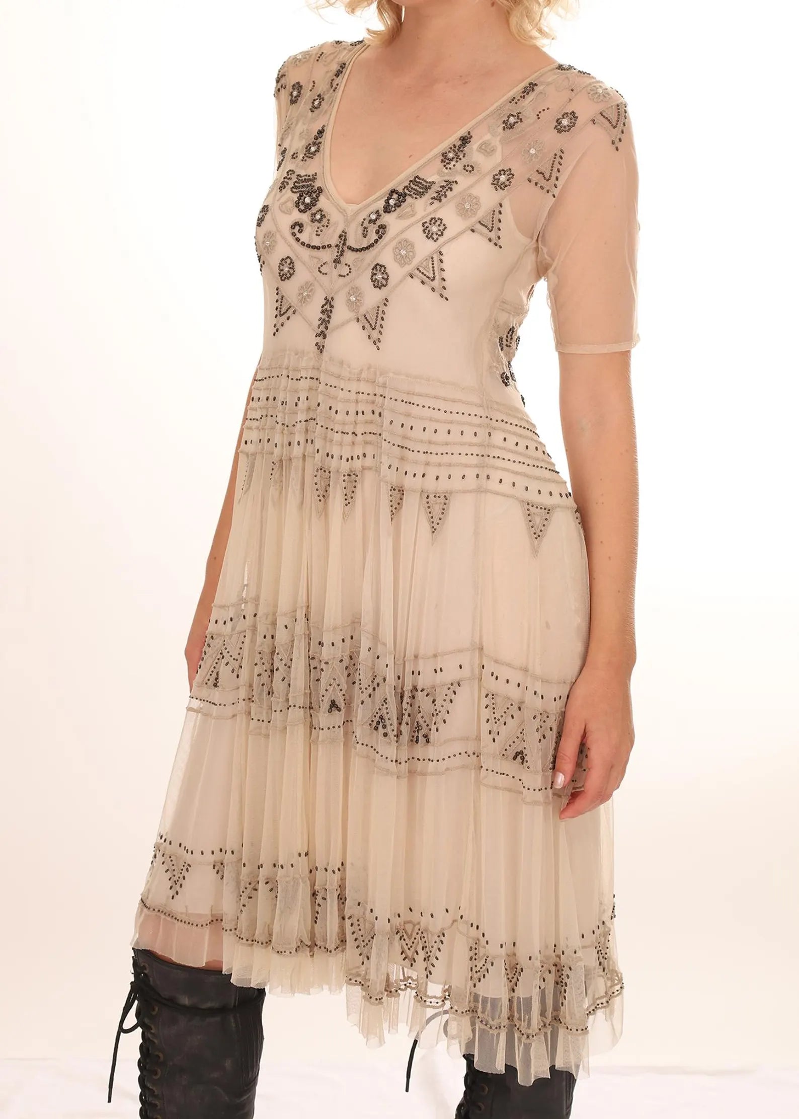 Biya Sheer Nude Netted Heavily Beaded and Embroidered Fit and Flare Boho-Chic Dress