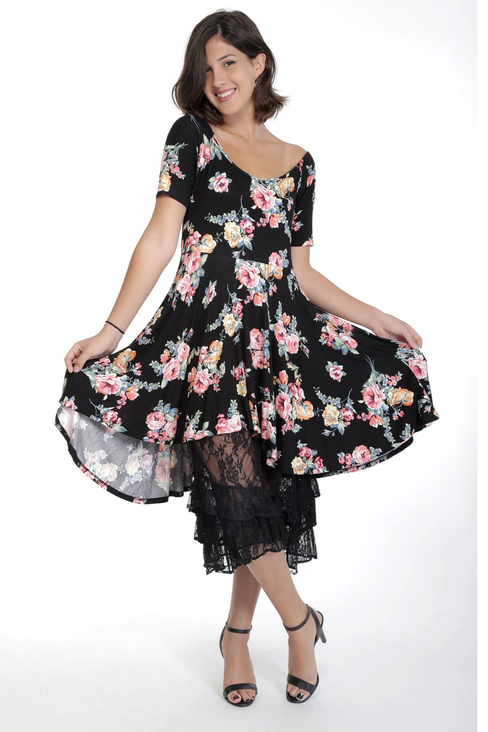 Black and Pink Floral Flare Fit and Flare Dress with Pockets