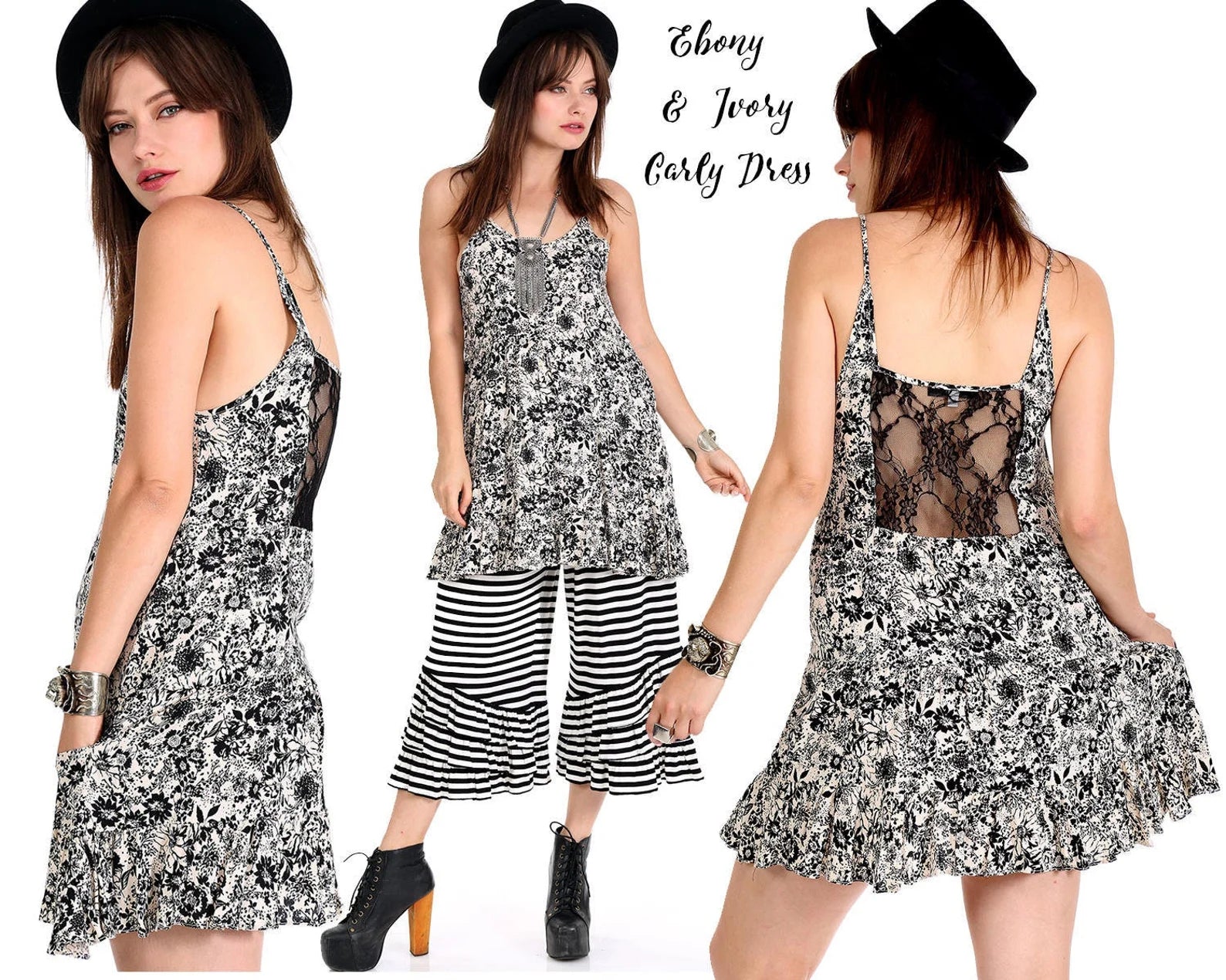 Black & White Floral Lace Back Babydoll Dress