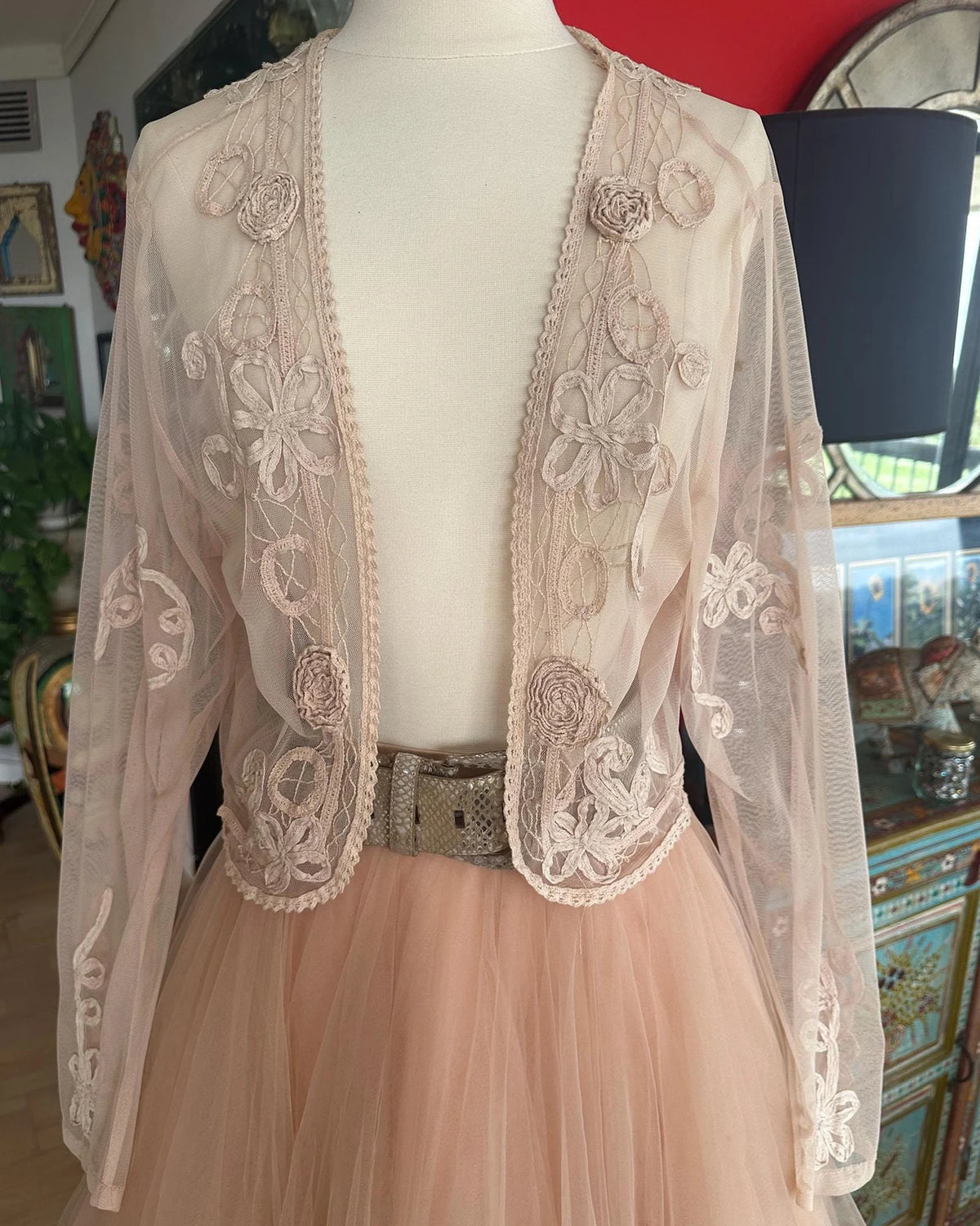 30s Pink Battenburg Lace Embroidered Mesh Bed Jacket