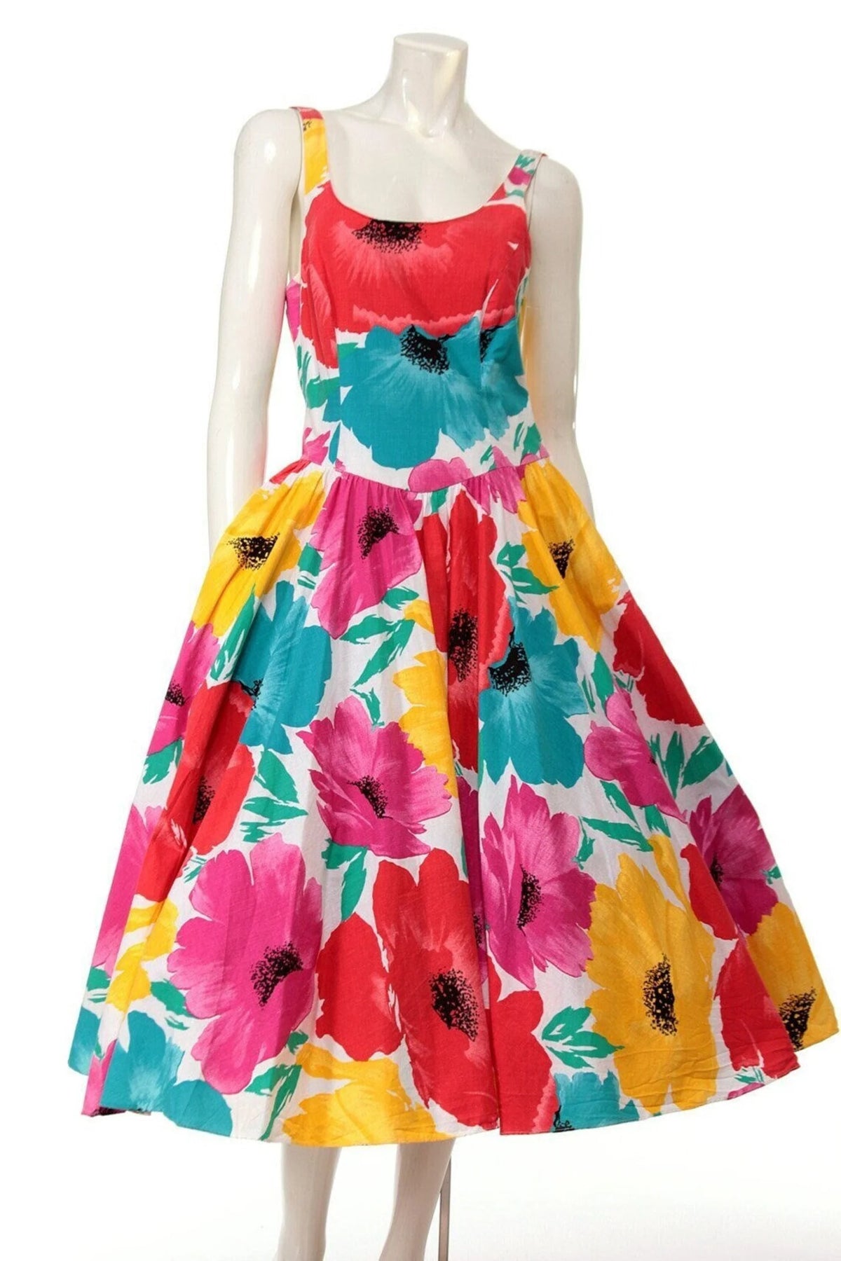 80s Bold Floral Fit and Flare Dress with Pockets