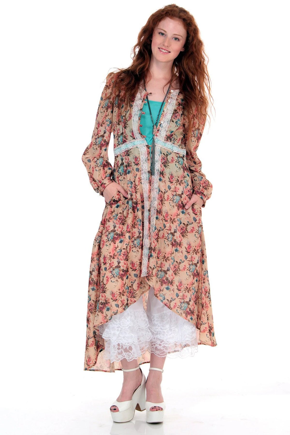 Pink Floral Lace Duster Fishtail Jacket