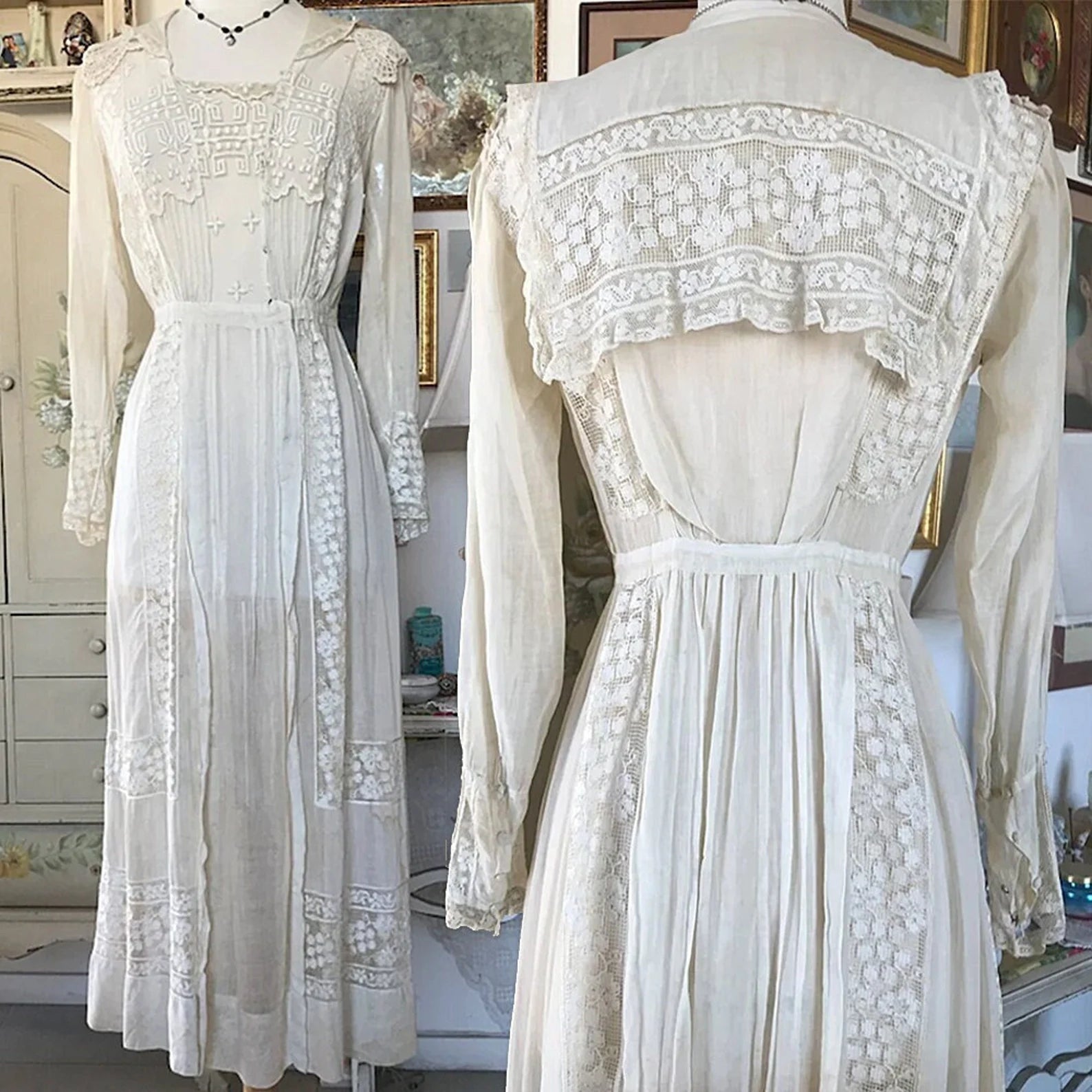 Antique Edwardian Netted Lace Embroidered Dress