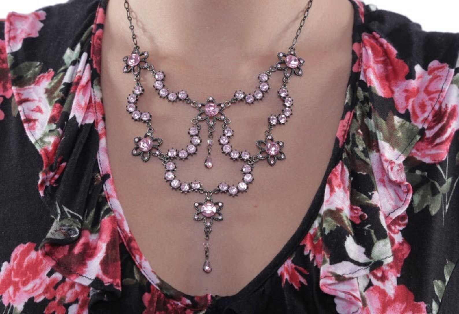 80s Pink Rhinestone Chandelier Necklace