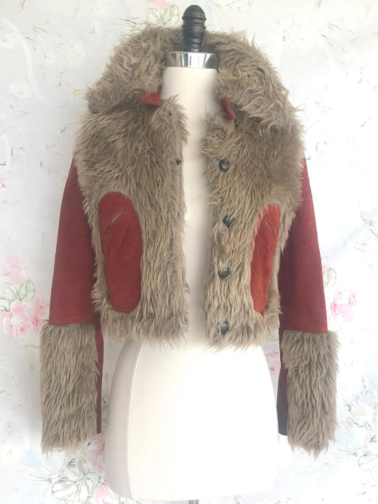 70s Suede Stevie Nicks Fur Bomber Jacket