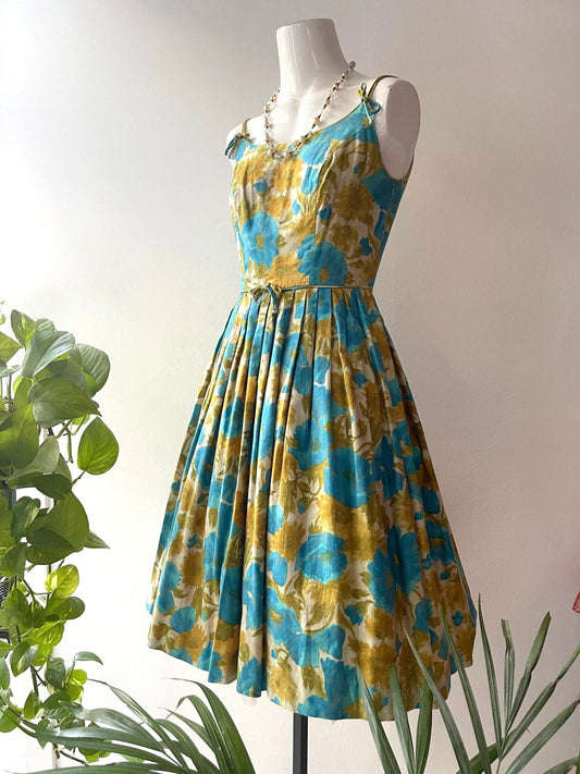 Vintage 1950s Sundress Turquoise and Gold Fit and Flare