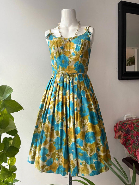 Vintage 1950s Sundress Turquoise and Gold Fit and Flare
