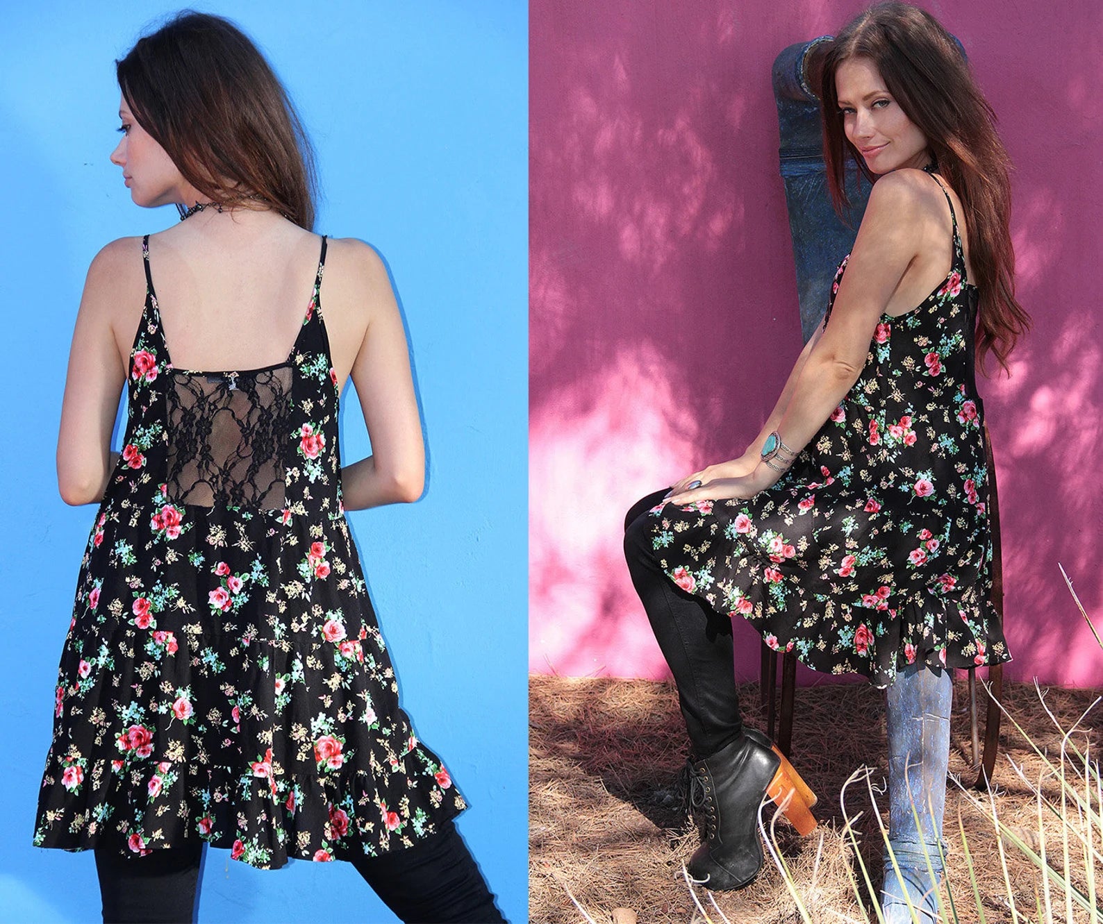 Black Floral Babydoll Lace Slip Dress