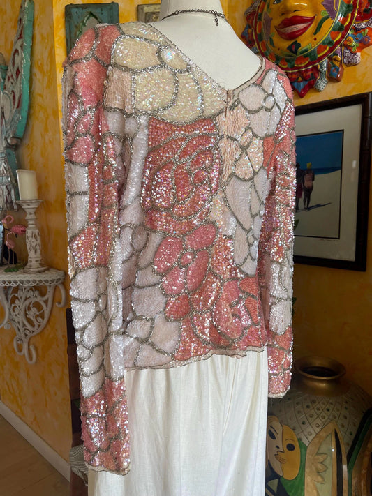 80s White and Bubble Gum Light Pink Sequin Floral and Silver Beaded Long Sleeve Top with Silver Swirly Beading. Such gorgeous colors with Beaded Neckline and Cuffs. V Back with Zipper Closure.