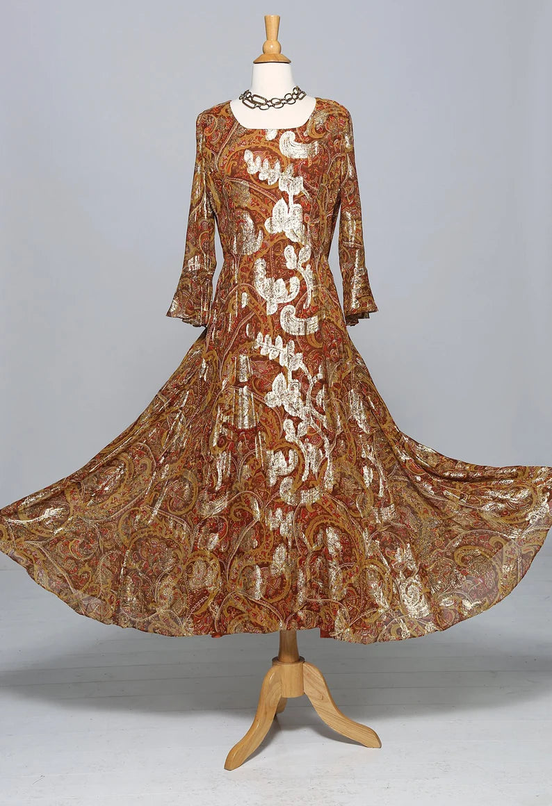 60s Paisley Metallic Gold Evening Dress