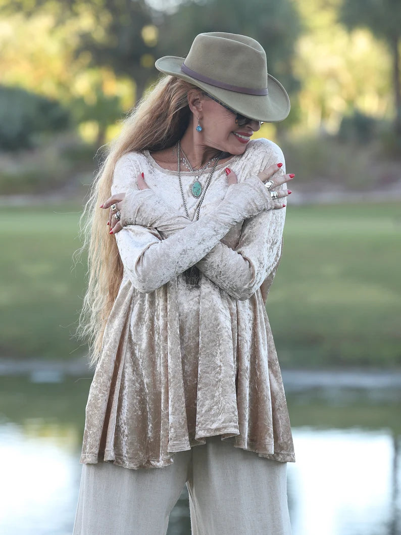 Beige Crushed Stretch Velvet Flare Top