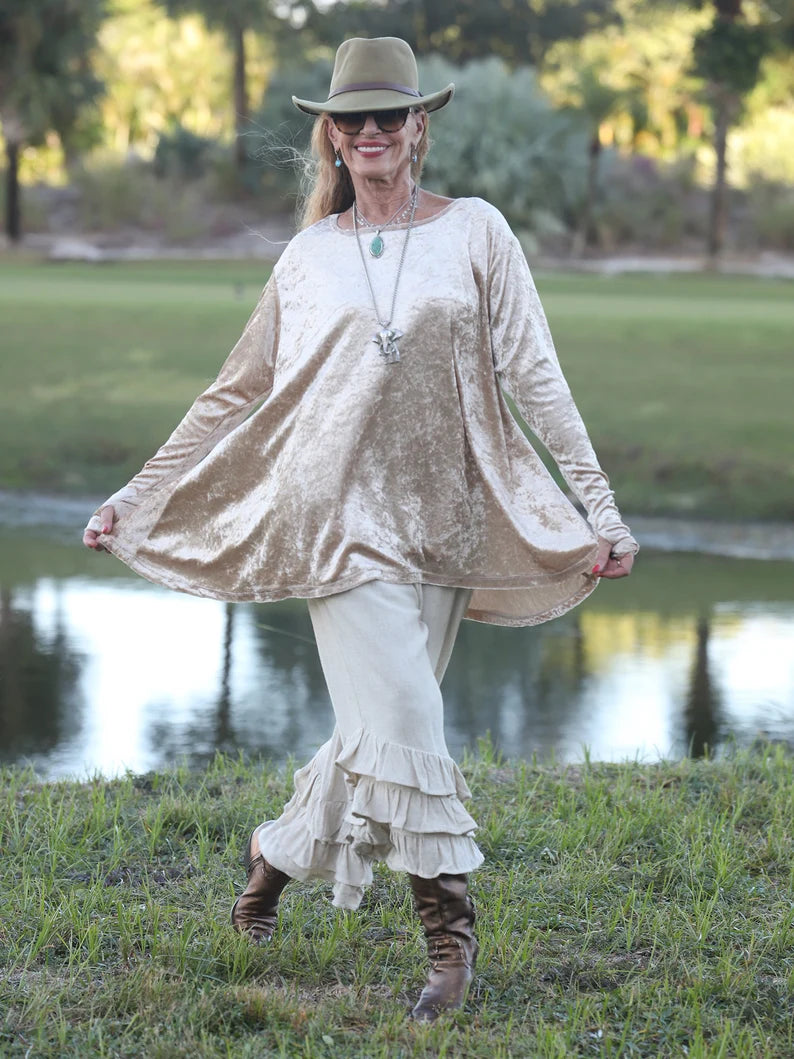 Beige Crushed Stretch Velvet Flare Top